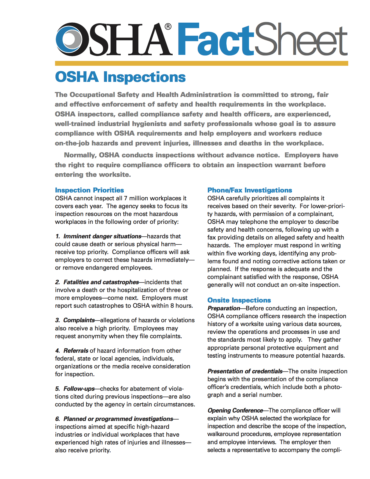 OSHA Inspections Fact Sheet Profiting From Safety